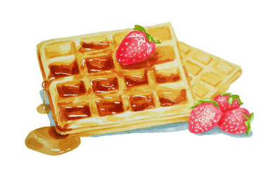 Food sketch. Waffles with strawberries.