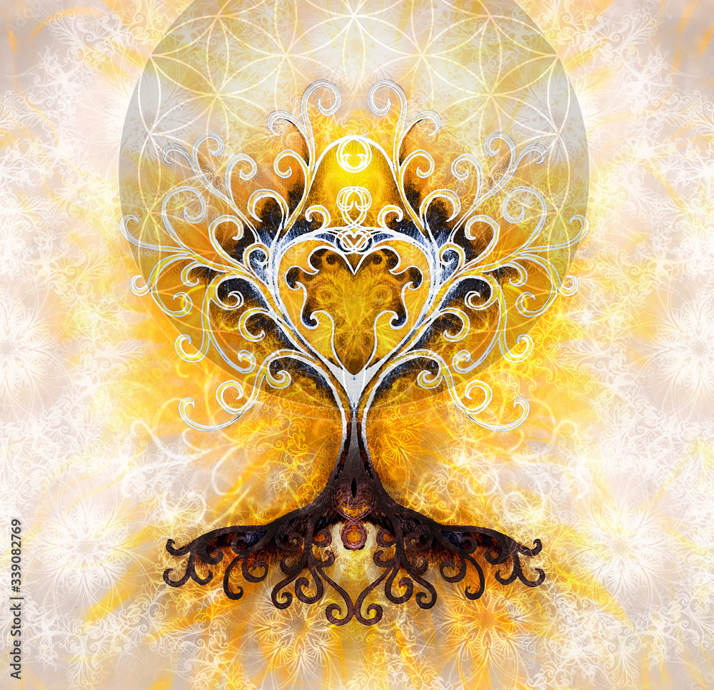 Poster tree of life symbol on structured ornamental background with heart shape, flower of life pattern, yggdrasil.