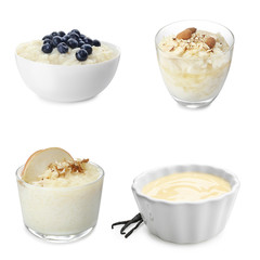 Set of vanilla and rice puddings on white background