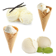Set of vanilla ice creams on white background