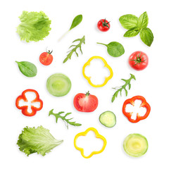 Set of different vegetables and herbs on white background, top view. Fresh ingredients for salad