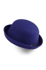 Close up shot of a blue bowler hat with the black leather ribbon around a crown and with a metal buckle. The hat is isolated on the white backdrop. 