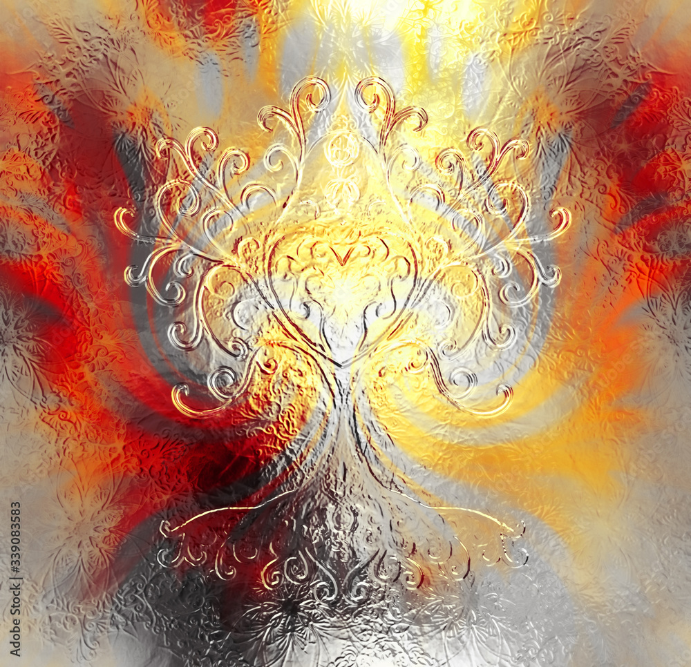 Poster tree of life symbol on structured ornamental background, yggdrasil.