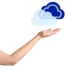 Woman holding virtual clouds icon on white background, closeup of hand. Data storage concept