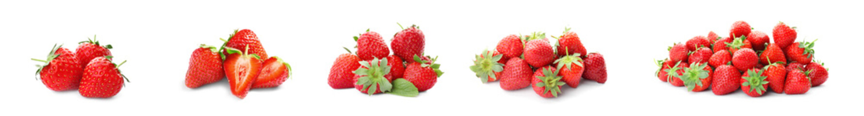 Set with delicious sweet strawberries on white background. Banner design