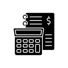 Financial accounting black glyph icon. Inventory management, bookkeeping, audit and report. Income and expenses calculating. Silhouette symbol on white space. Vector isolated illustration