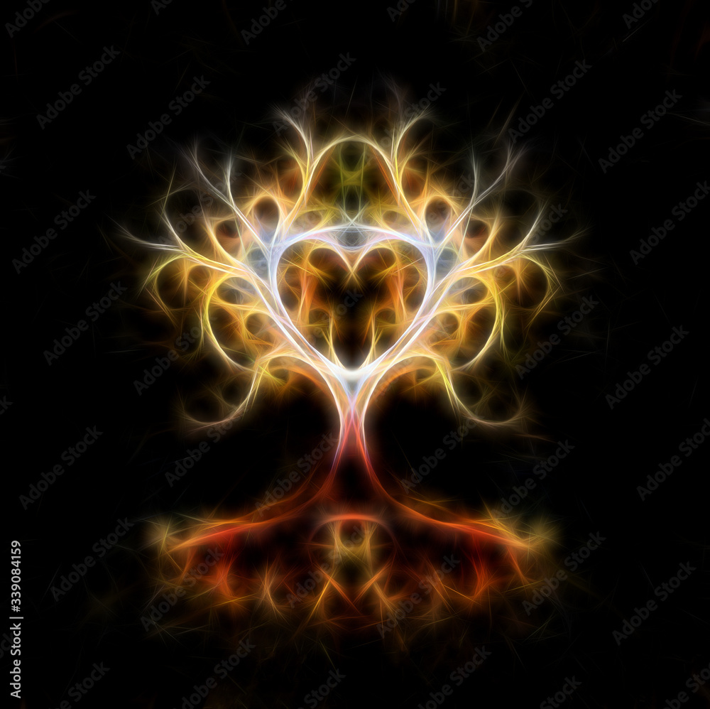 Poster tree of life symbol on structured ornamental background, yggdrasil. Fractal effect.