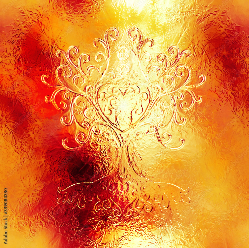 Poster tree of life symbol on structured ornamental background, yggdrasil.