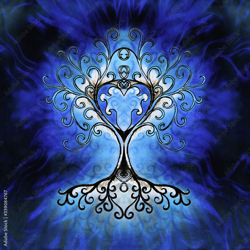 Poster tree of life symbol on structured ornamental background, yggdrasil.