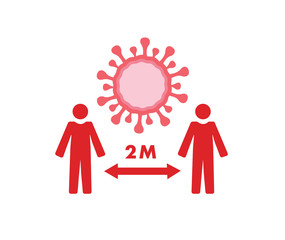 Vector image representing social distancing of 2 metres - a coronavirus virus, two people standing apart