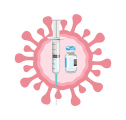Vector image of a coronavirus and a syringe with a bottle or vial - vaccine 
