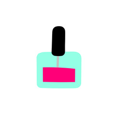 Cartoon bottle with cosmetics. Scandinavian flat packaging pink nail polish, makeup. Transparent jar with bright color gel polish. Vector stock illustration for packaging, advertising, posters, prints