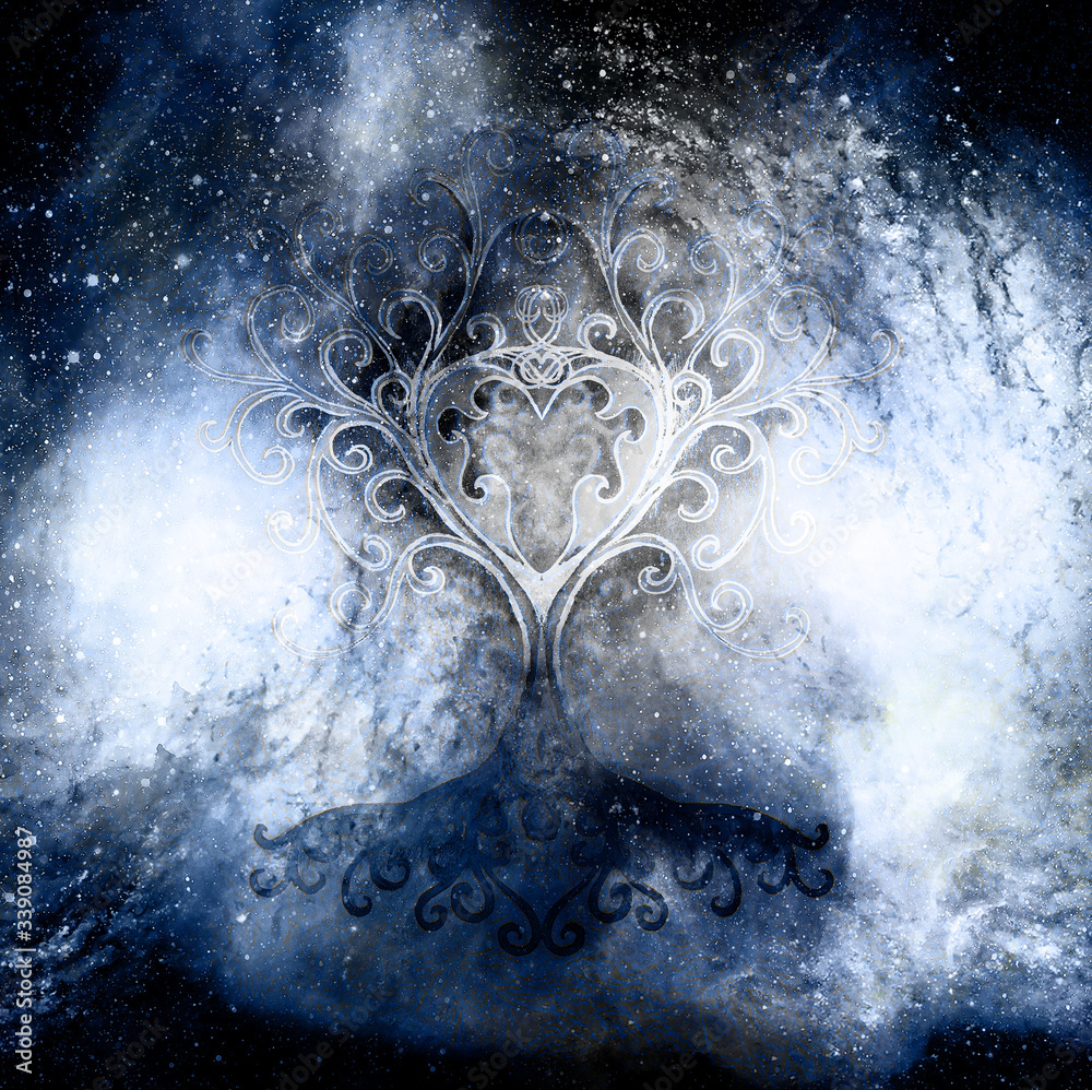 Poster tree of life symbol on structured and space background, flower of life pattern, yggdrasil.