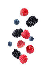 Set of falling sweet berries on white background