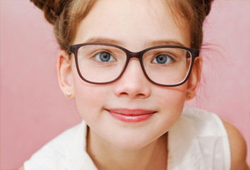 Cute little girl child preteen in eyeglasses education, school and vision concept isolated - 339085118