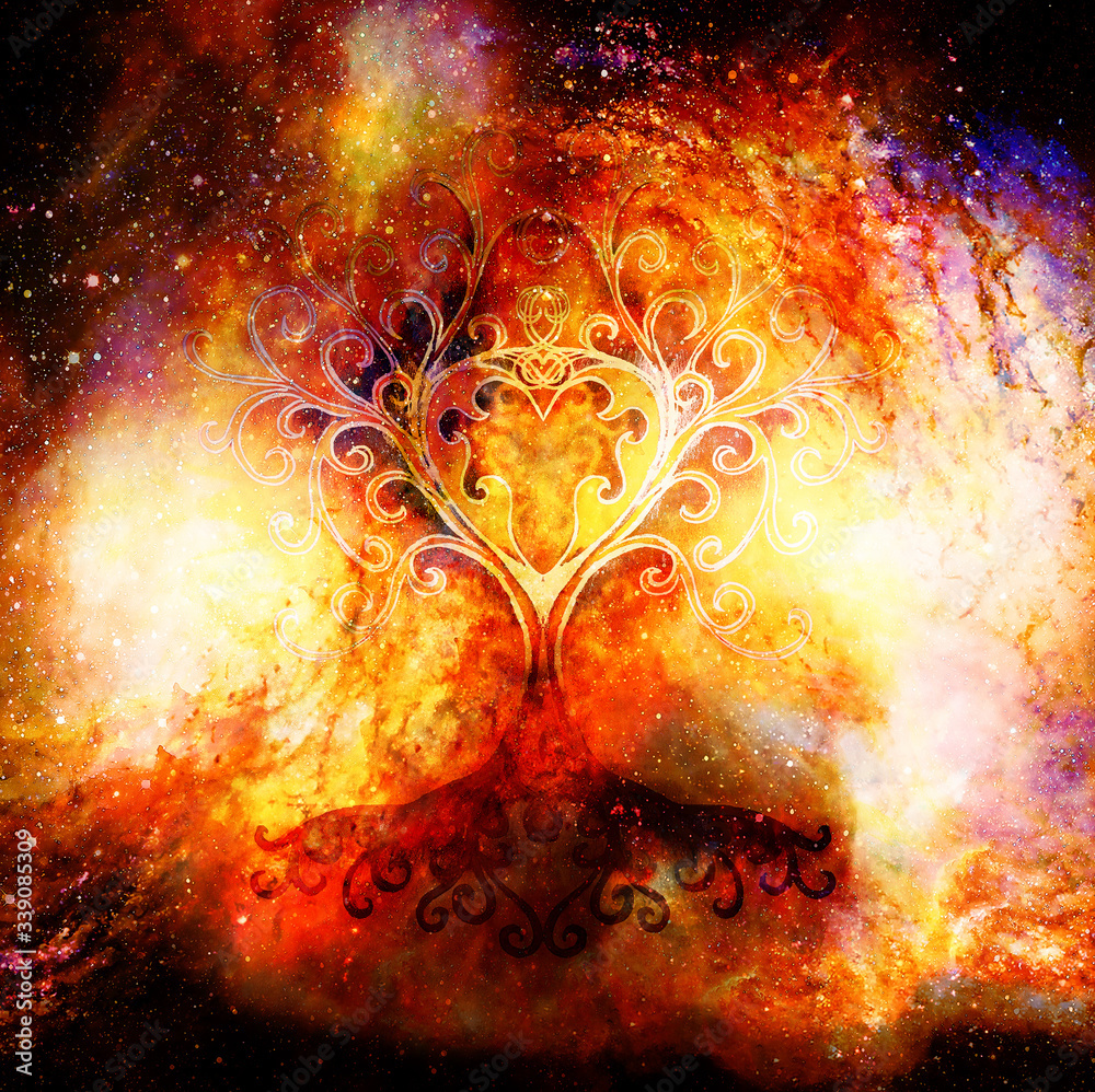 Poster tree of life symbol on structured and space background, flower of life pattern, yggdrasil.