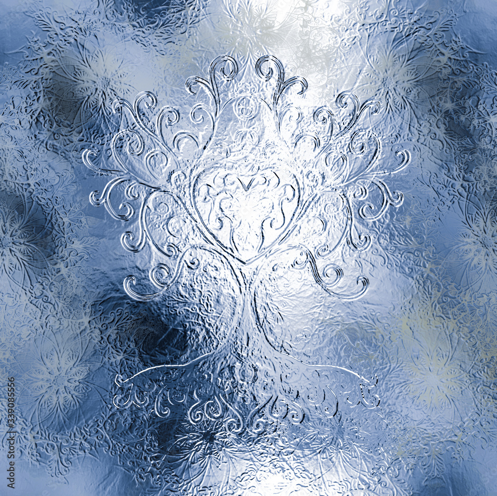 Poster tree of life symbol on structured ornamental background, yggdrasil.