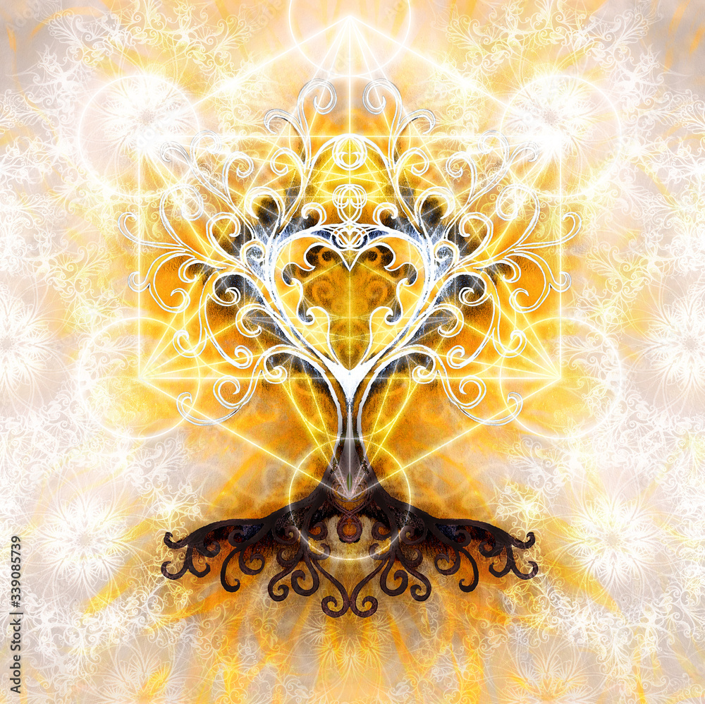 Poster tree of life symbol on structured ornamental background with heart shape, merkaba pattern, yggdrasil.