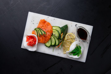 salmon sashimi cucumber lemon