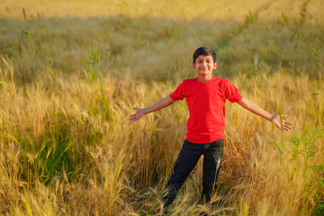 young indian child playing at wheat field, Rural india