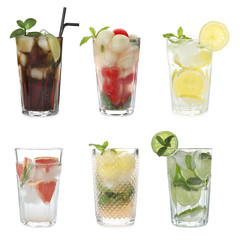Set with different refreshing cocktails on white background