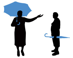 Vector illustration silhouette of a senior woman. Grandmother stands with an open umbrella. She extended her hand to check if it was raining. Woman with a closed umbrella in hands. Blue-black color.