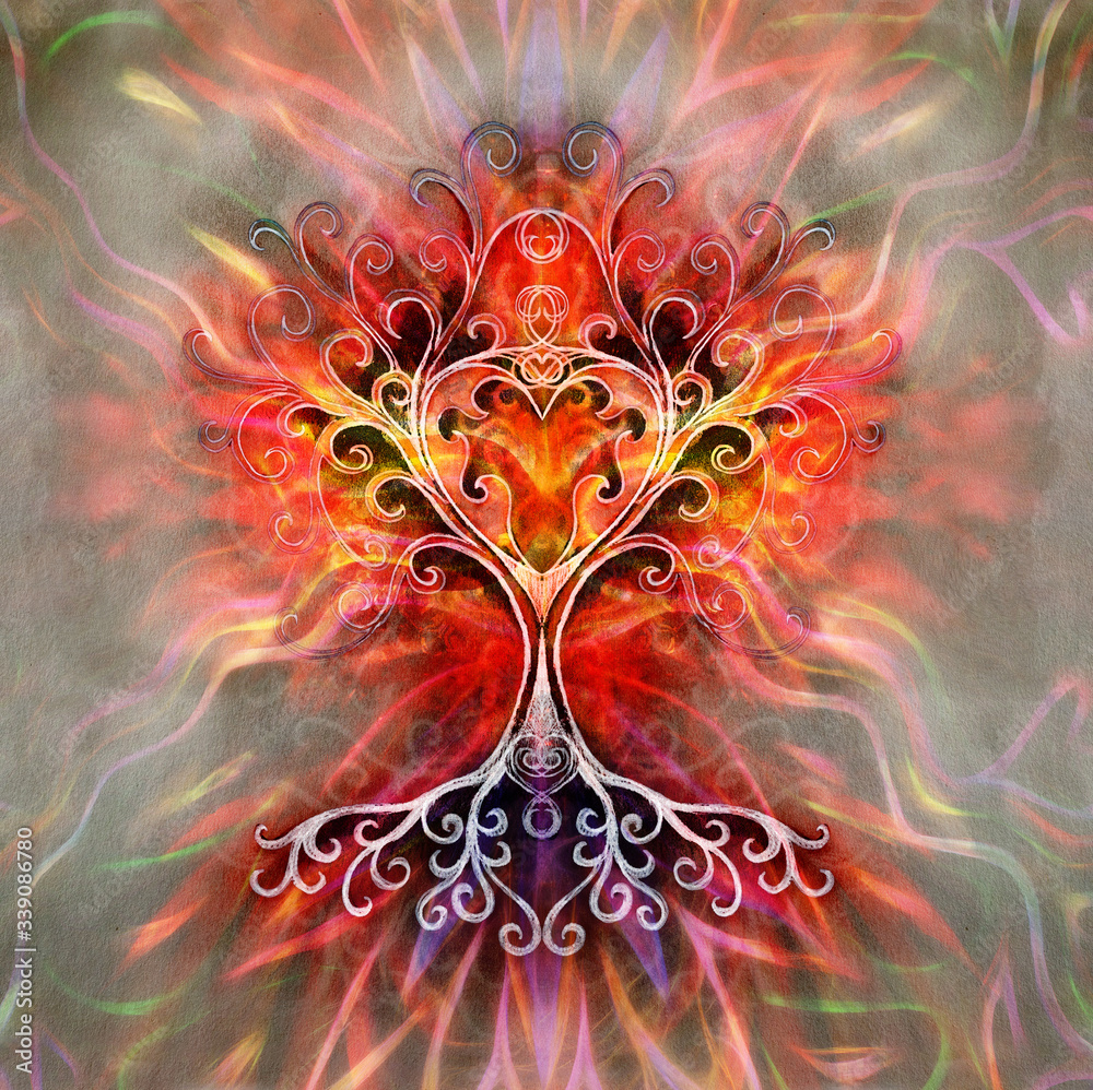 Poster tree of life symbol on structured ornamental background, yggdrasil.