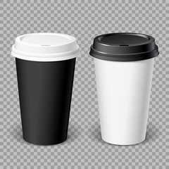 Realistics Black and white Disposable papers Cups. For various hot drinks, coffee, cappuccino, cacao or tea. Mockup for brand template. vector illustration.