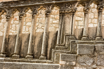 Ancient church top view, and stairs of Dubrovnik old town, hand made walls build with old bricks and stones, clock tower, bell tower, Croatia
