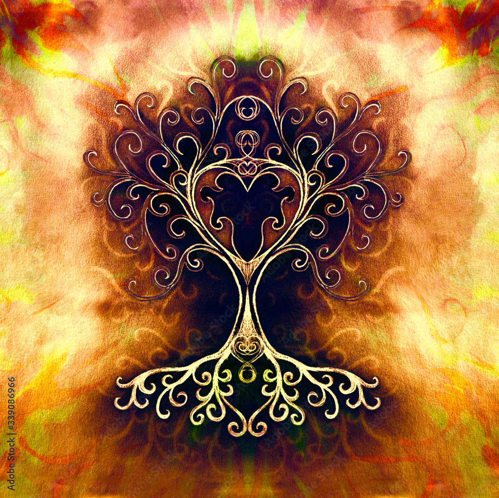 Poster tree of life symbol on structured ornamental background, yggdrasil.