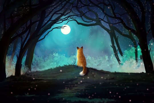 Beautiful mystical blue forest with enchanted trees and red fox on a hill