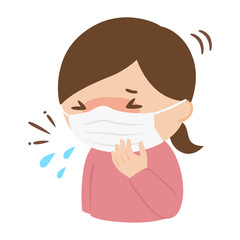 マスクごしにくしゃみをしている若い女性のイラスト。