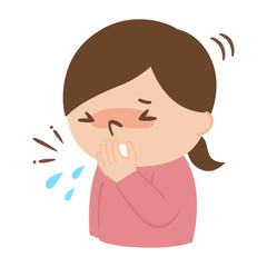 手で口を覆ってくしゃみをしている若い女性のイラスト。