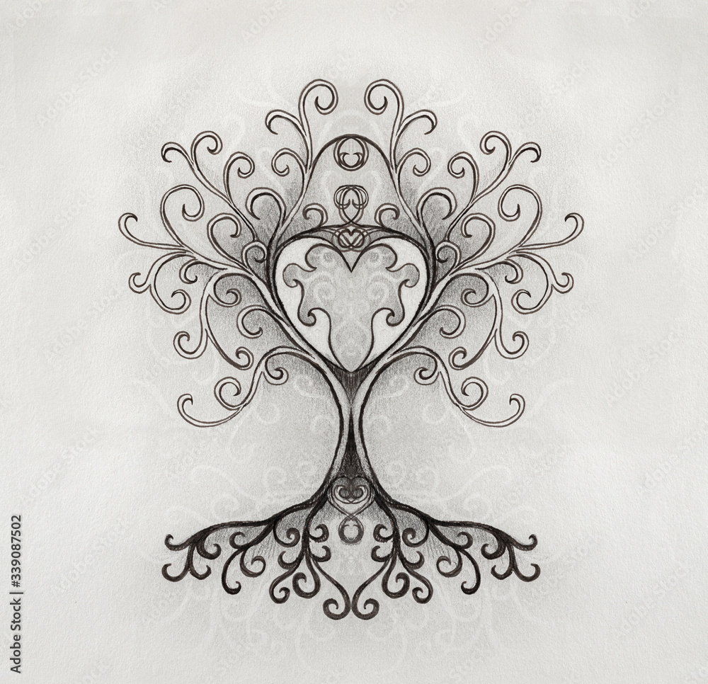 Poster tree of life symbol on structured ornamental background, yggdrasil.