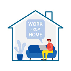 Young man is sitting with laptop on the sofa at home. Work from home.