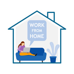 Girl with laptop sitting on the sofa at home. Work from home.