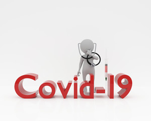 3d person with stethoscope and syringe,covid-19 text,3d rendering