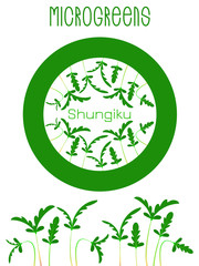 Microgreens Shungiku. Seed packaging design, round element in the center. Sprouting seeds of a plant