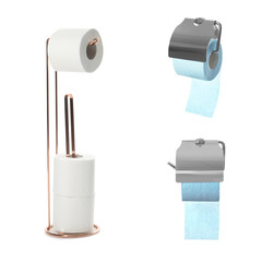 Set with holders for toilet paper on white background