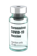 Vial with COVID-19 Coronavirus Vaccine for Injection. Clear Glass Medicine Bottle with Description. 3D Render Isolated on White Background.