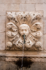 Amazing Onophrian Fountain gargoyle with water spout from the mouth the old town of Dubrovnik Croatia Water flowing down