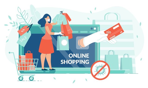 Online Shopping on Covid19 Quarantine, Stay at Home. Self-Isolate. Woman Order Clothes with Sale and Discount. Human Hand Holding Credit Card. Wireless Payment. Tiny People, Laptop, Digital Ecommerce