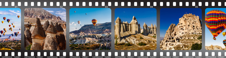 Film strip with turkish Cappadocia famous landmark photo. Flying air ballons, Stone pillars, Fairy...