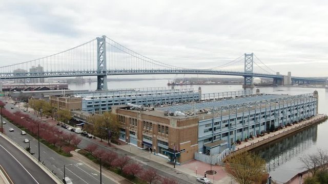 Ben Franklin Bridge, Philadelphia PA, No People, Minimal Traffic, Covid Quarantine Shutdown Shelter In Place, Coronavirus Stay At Home Order, Aerial Drone Footage