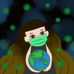 The girl wearing medical face mask, holding sadness face globe.Surrounding by corona virus cell.Corona virus become a pandemic and spreading around the world.