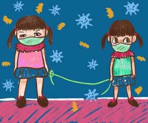 The image of social distancing puts space between two kids.
Illustration of children wearing protective medical face mask to prevent infecting themself with coronavirus.
