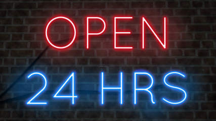 Neon sign on a brick wall OPEN 24 HRS