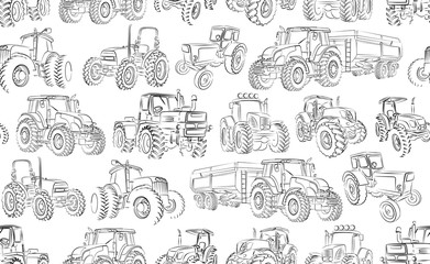 Seamless background with tractor sketches.  - obrazy, fototapety, plakaty