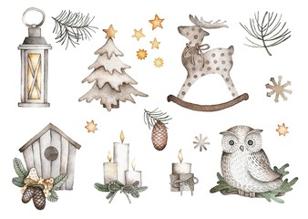 New Year watercolor illustration. Christmas composition with lantern, deer, sprigs of spruce, owl, Christmas tree and candles.