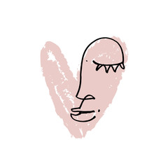 Love Valentines Day concept. Modern abstract line faces portrait, linear brush art. Hand drawn woman line stylized face, red lipstick kiss symbol. Inspirational fashion vector illustration.